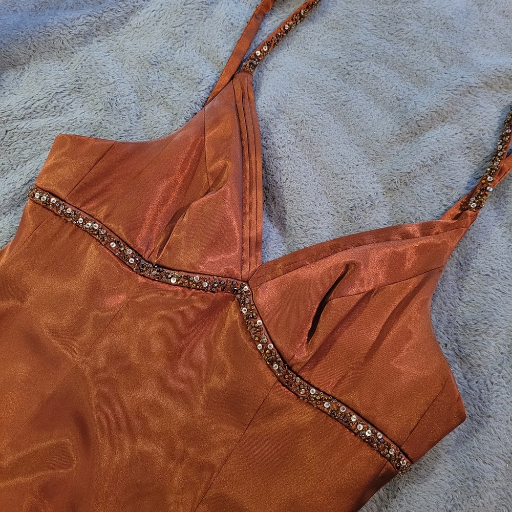 Bronze formal dress with beaded straps